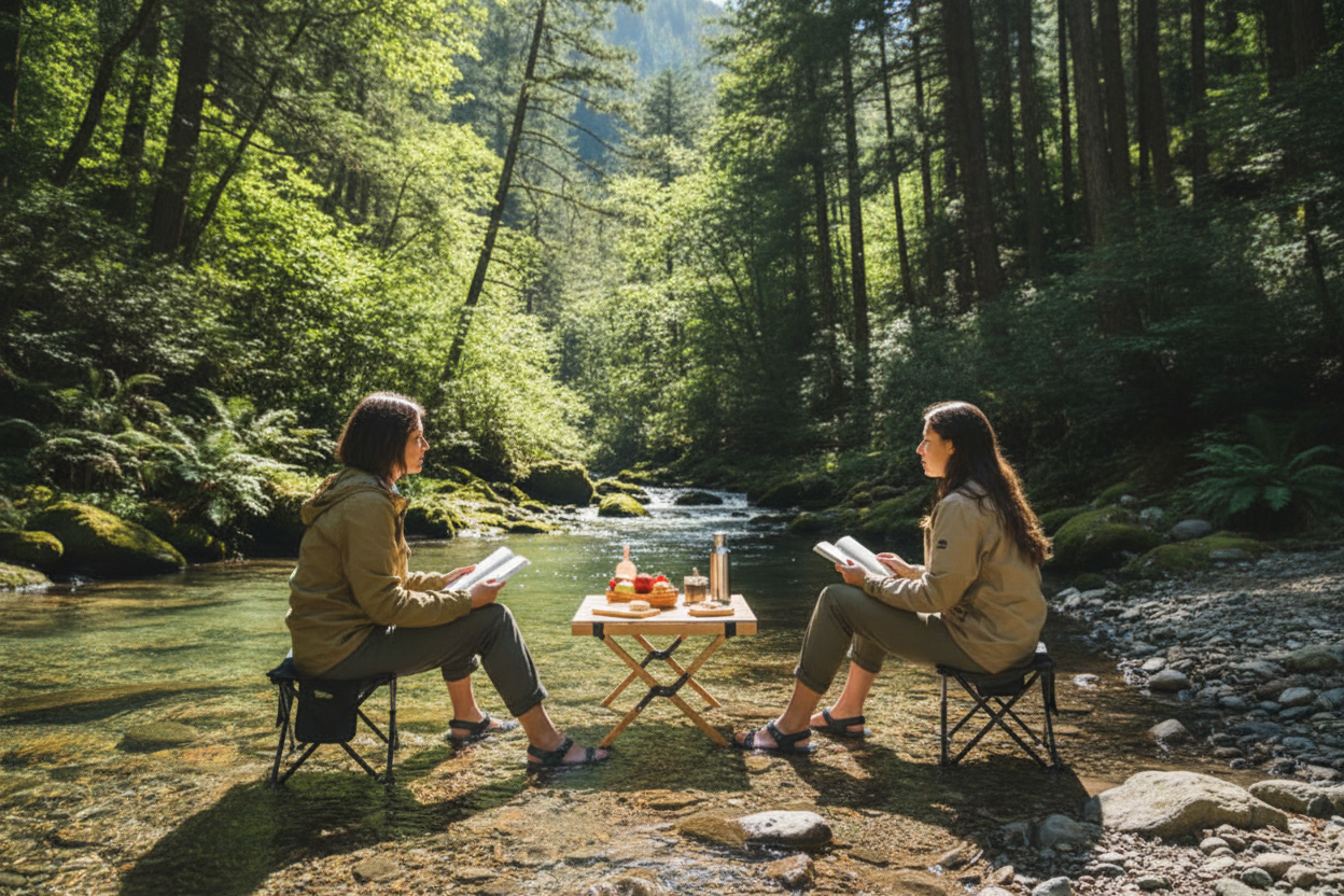Tabourets camping - bord du ruisseau