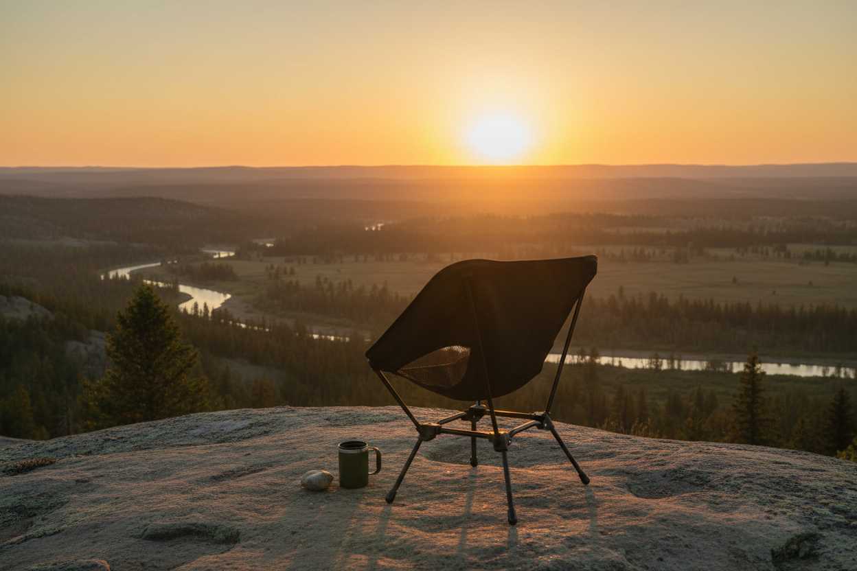 Chaise de camping noire au coucher de soleil