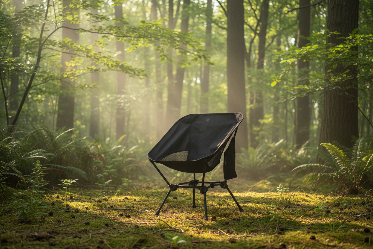 Chaise de camping noire dans la nature