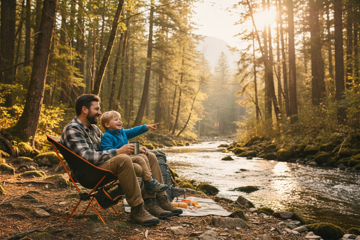 Père et fils en nature avec chaise de camping