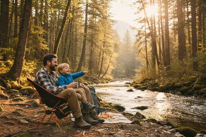 Père et fils en nature avec chaise de camping