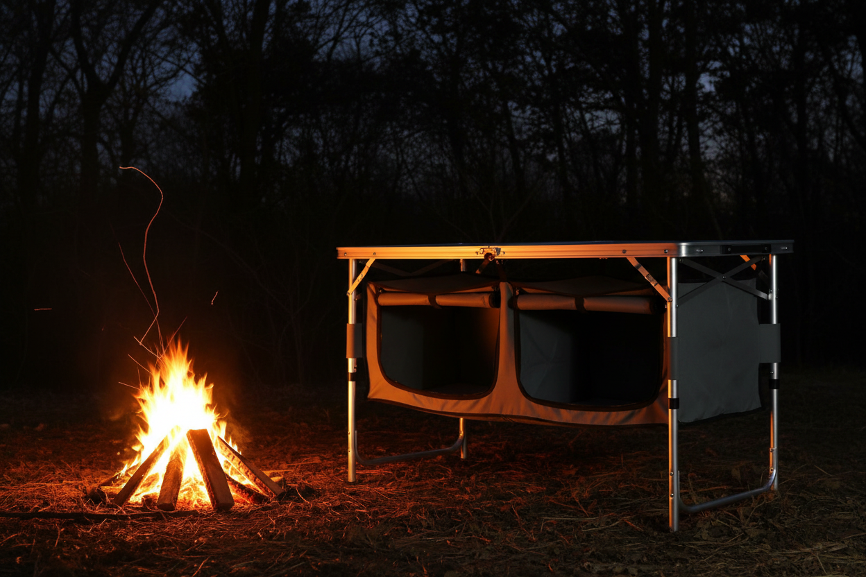 Table de camping seule au bord du feu