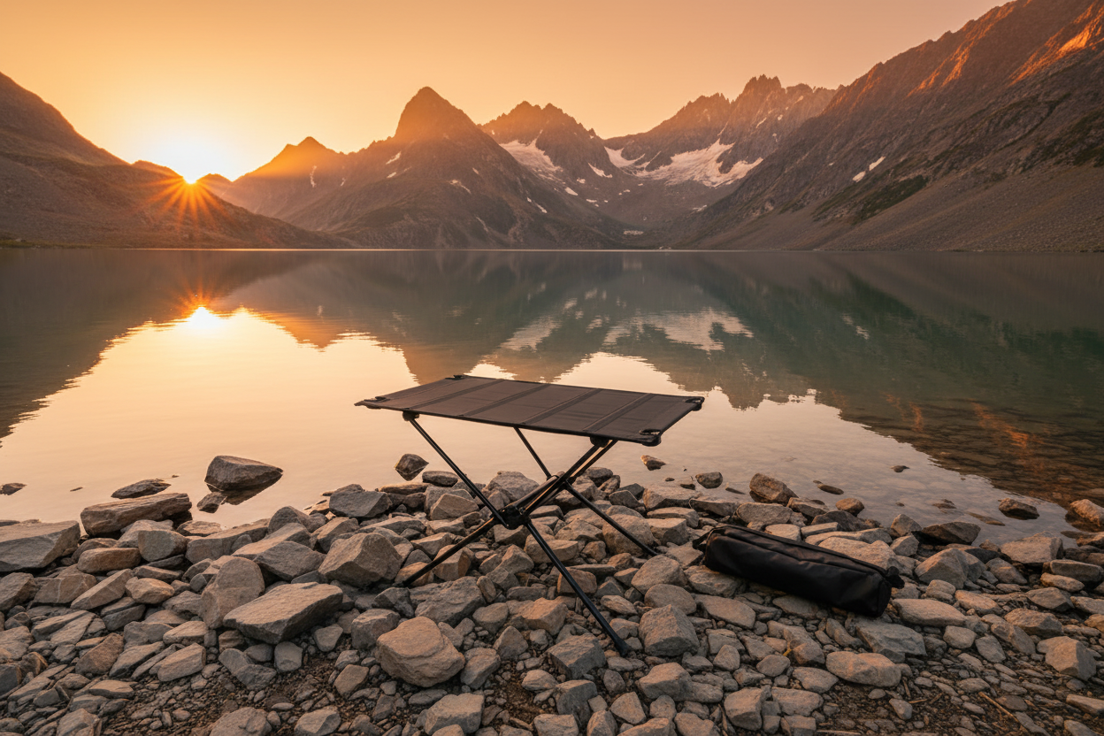 Table de camping au bord d'un lac