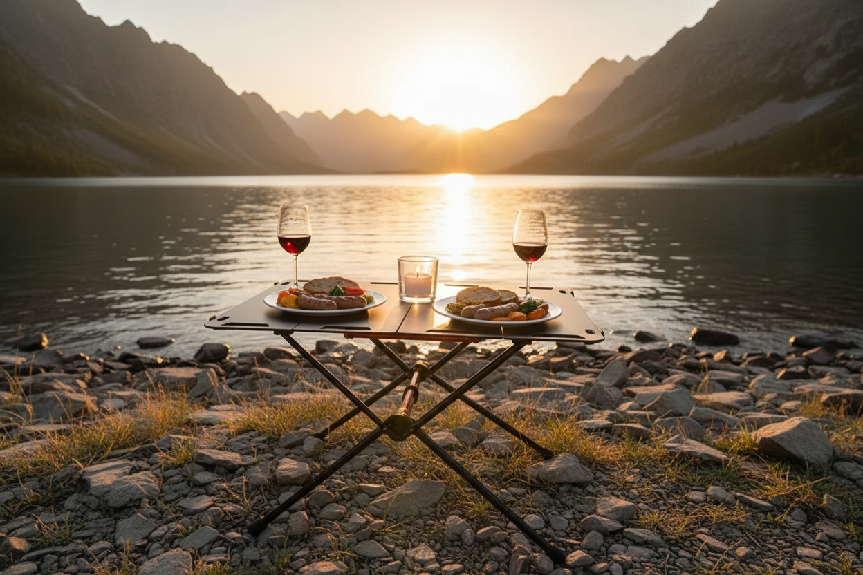 Table de camping au lac