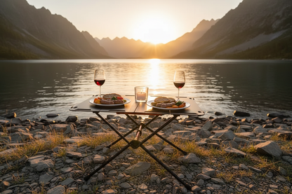Table de camping au lac