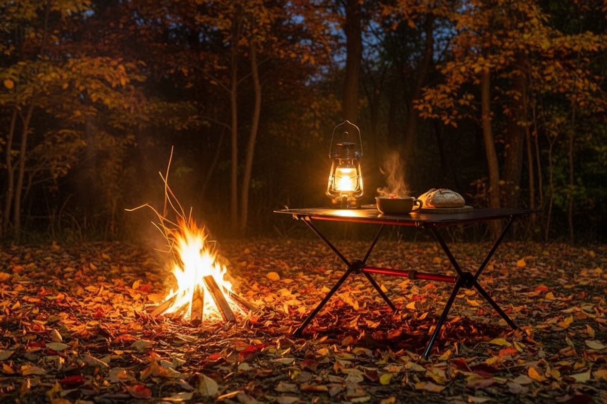 Table de camping en forêt d'automne