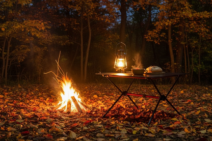 Table de camping en forêt d'automne