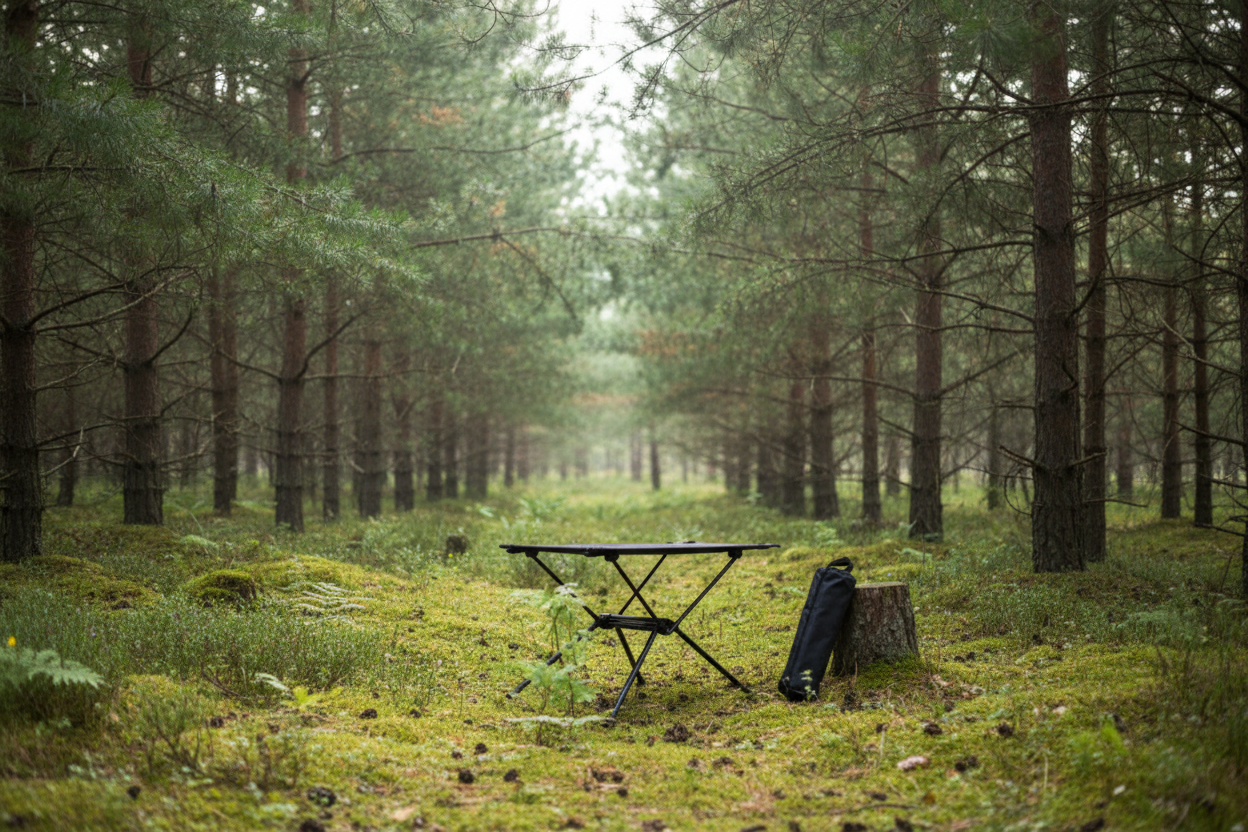 Table de camping en forêt