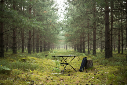 Table de camping en forêt