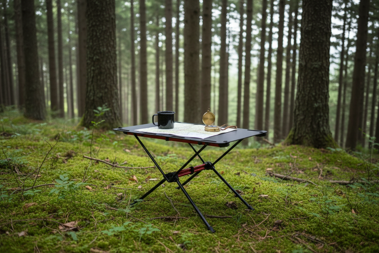 Table de camping en forêt pin