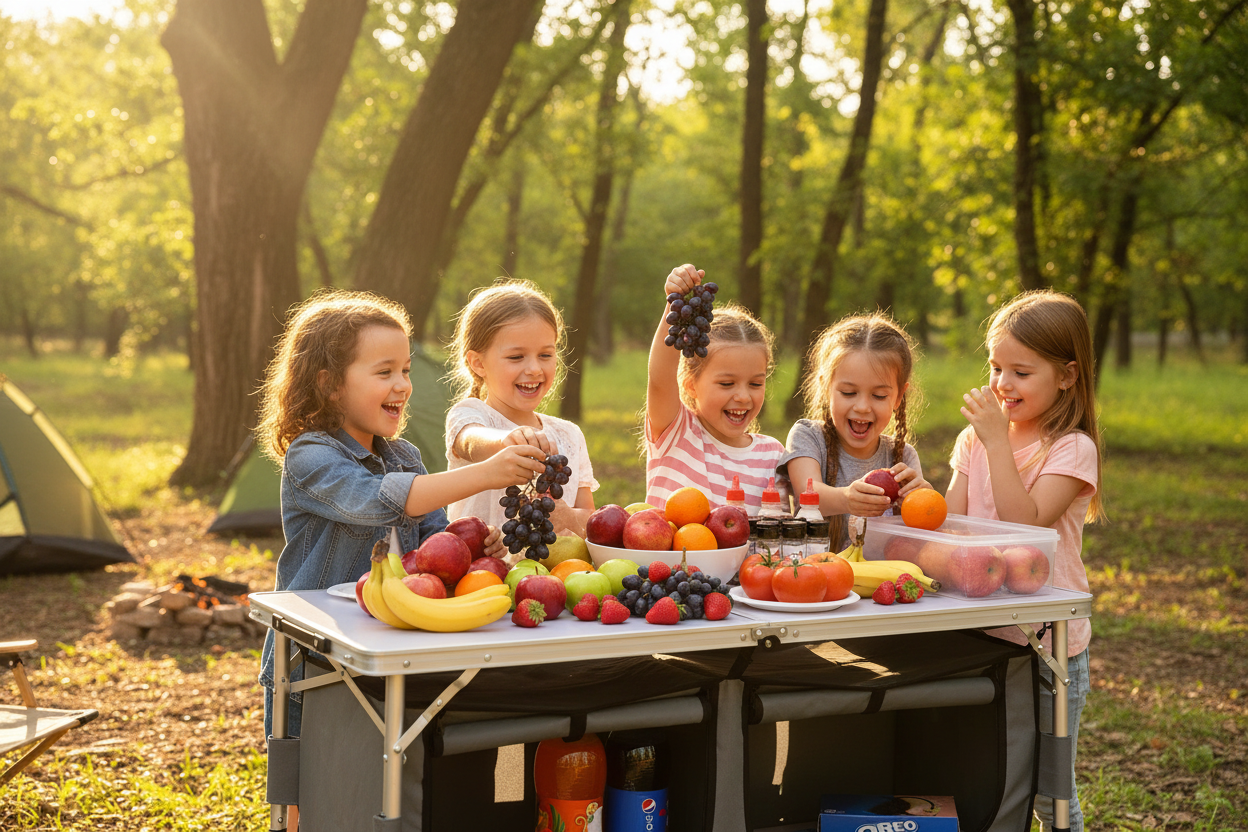 table de camping Enfants qui piochent des fruits