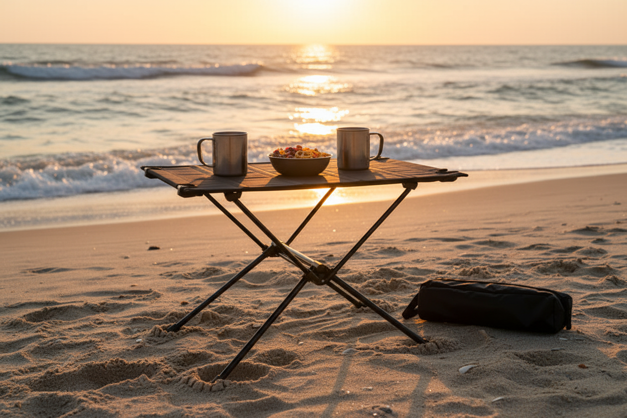 Table de camping sur la plage 