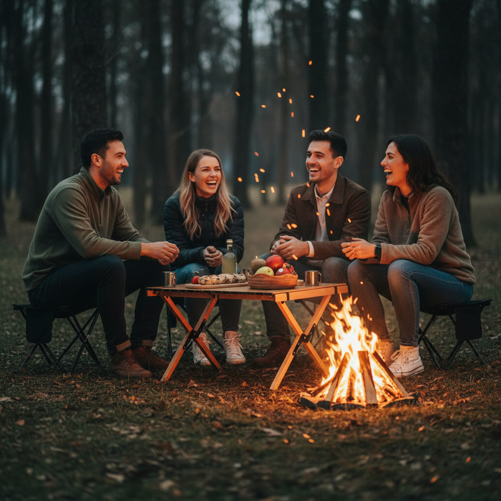 Tabourets camping - amis autour du feu
